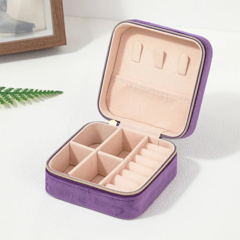 Plush Velvet Jewelry Box For Women Necklace Ring Earrings Organizer Holder Travel Portable Zipper Square Jewelry Storage Case
