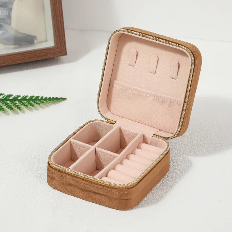 Plush Velvet Jewelry Box For Women Necklace Ring Earrings Organizer Holder Travel Portable Zipper Square Jewelry Storage Case