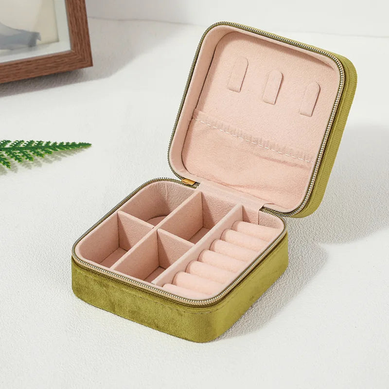 Plush Velvet Jewelry Box For Women Necklace Ring Earrings Organizer Holder Travel Portable Zipper Square Jewelry Storage Case