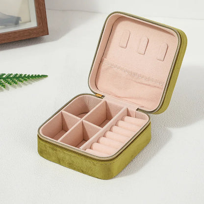 Plush Velvet Jewelry Box For Women Necklace Ring Earrings Organizer Holder Travel Portable Zipper Square Jewelry Storage Case