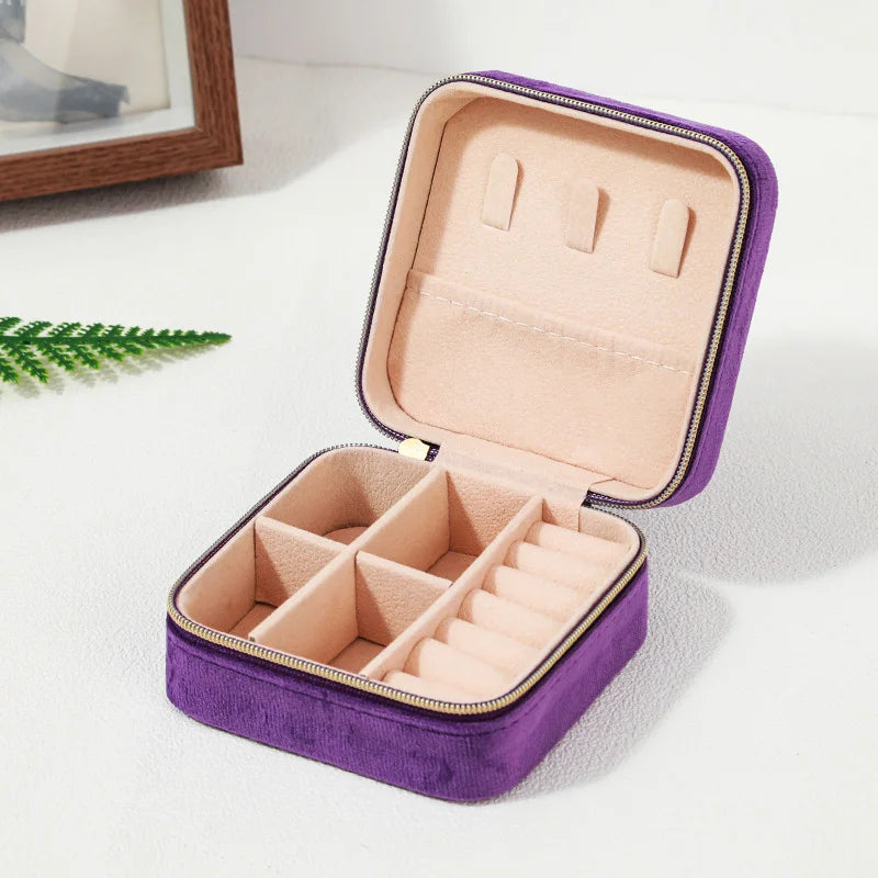 Plush Velvet Jewelry Box For Women Necklace Ring Earrings Organizer Holder Travel Portable Zipper Square Jewelry Storage Case