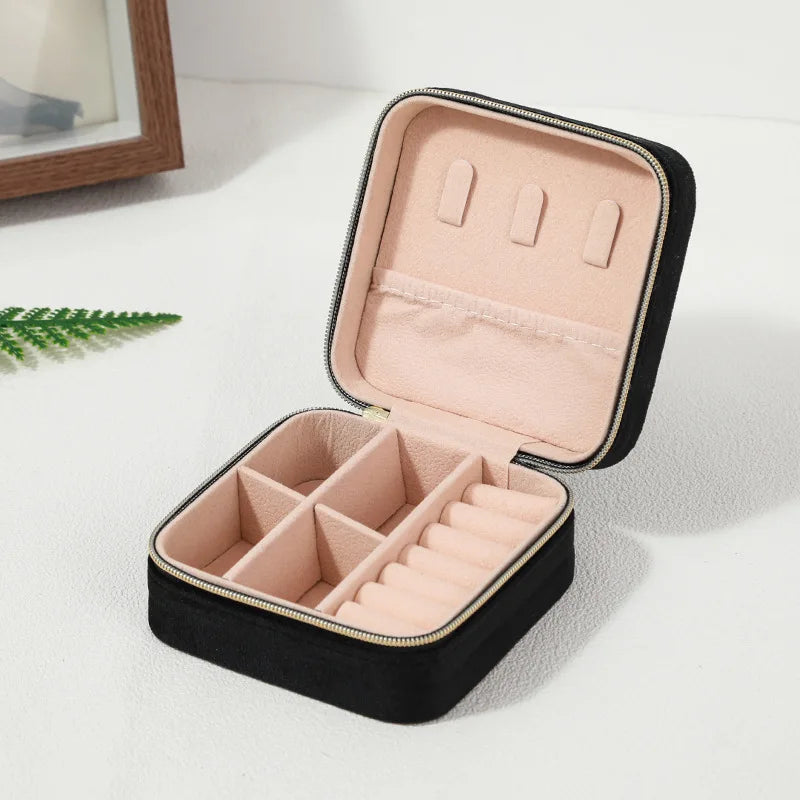 Plush Velvet Jewelry Box For Women Necklace Ring Earrings Organizer Holder Travel Portable Zipper Square Jewelry Storage Case