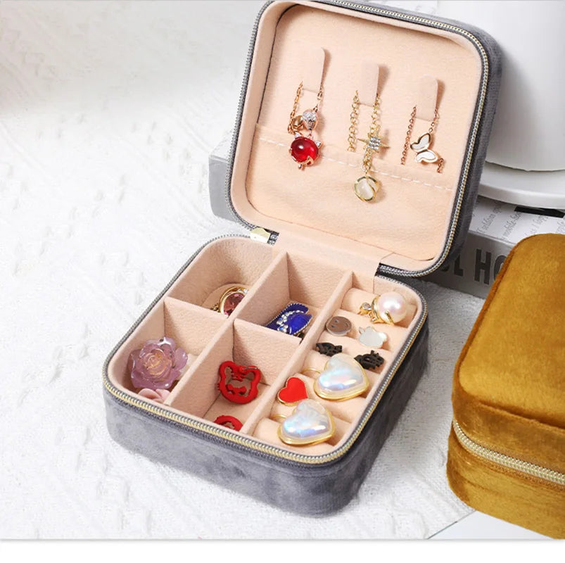 Plush Velvet Jewelry Box For Women Necklace Ring Earrings Organizer Holder Travel Portable Zipper Square Jewelry Storage Case