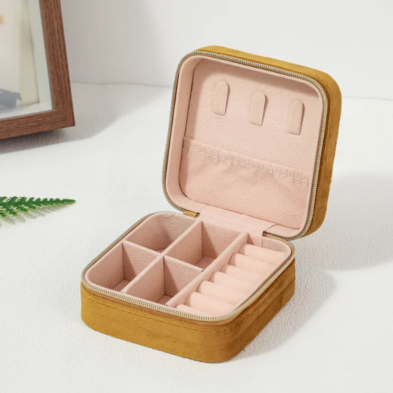 Plush Velvet Jewelry Box For Women Necklace Ring Earrings Organizer Holder Travel Portable Zipper Square Jewelry Storage Case