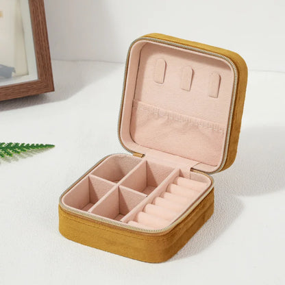Plush Velvet Jewelry Box For Women Necklace Ring Earrings Organizer Holder Travel Portable Zipper Square Jewelry Storage Case